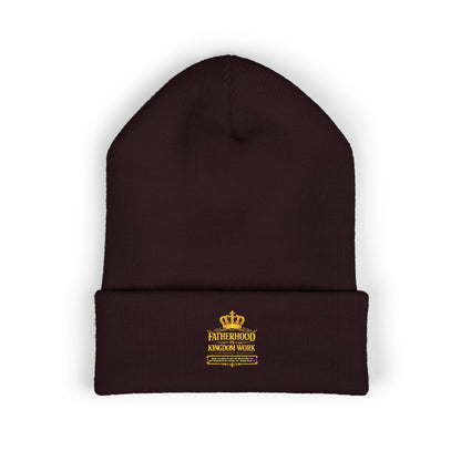 Embroidered Gold Crown Cuffed Beanie — Classic Winter Knit Hat