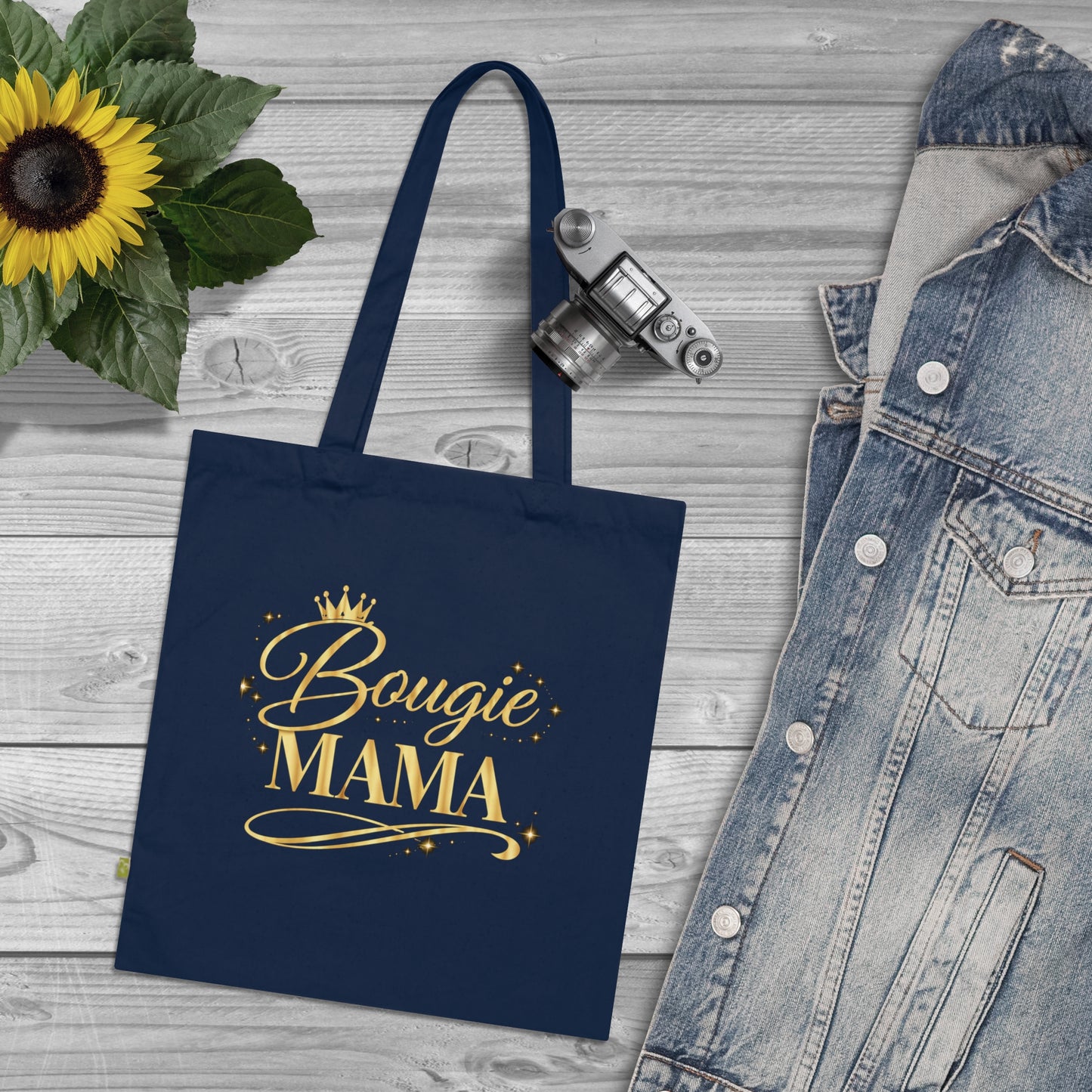 Bougie Mama Tote Bag (French Navy)— Gold Script Organic Cotton Grocery & Gift Tote