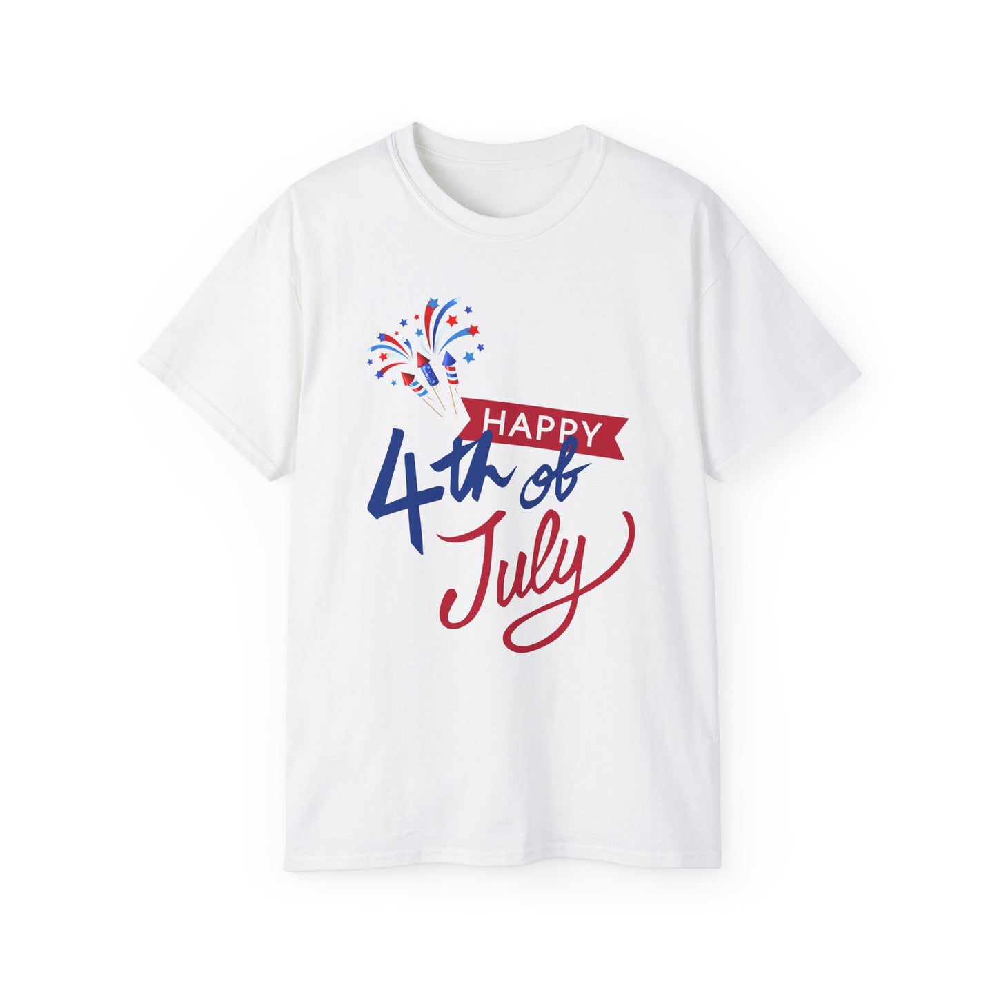 4th of July Graphic Tee - "Happy 4th of July" Fireworks Patriotic T-Shirt