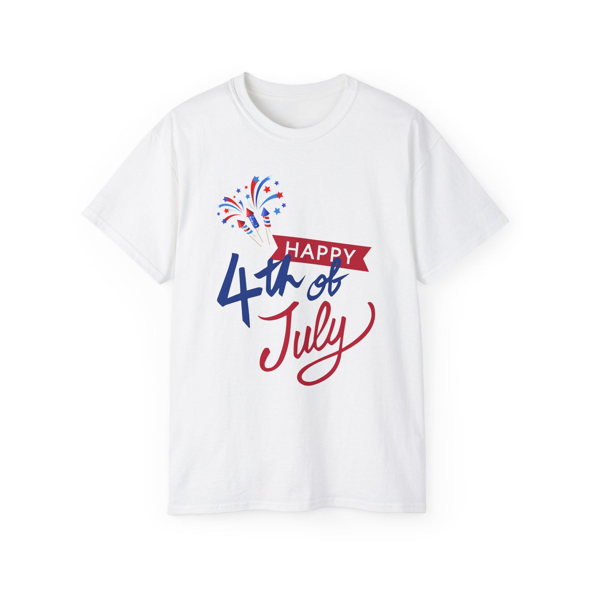 4th of July Graphic Tee - "Happy 4th of July" Fireworks Patriotic T-Shirt