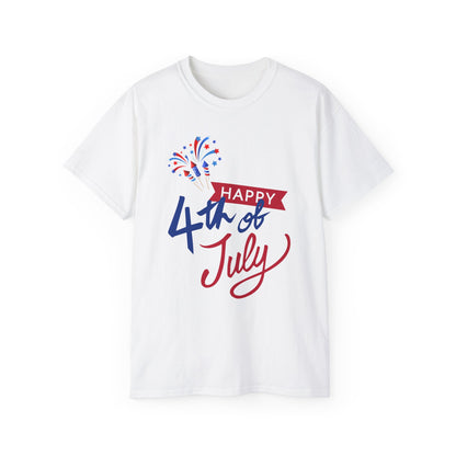 4th of July Graphic Tee - "Happy 4th of July" Fireworks Patriotic T-Shirt