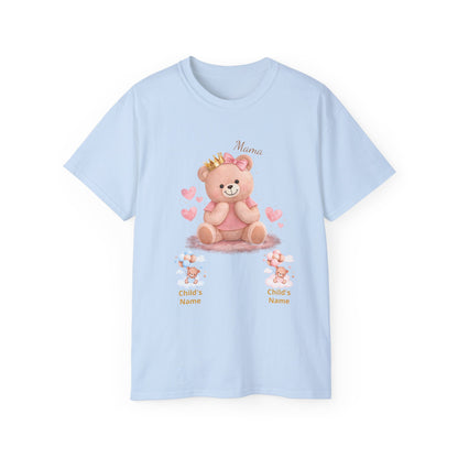 Personalized Mama Bear T-Shirt — Pink Heart Baby Bear with Custom Names