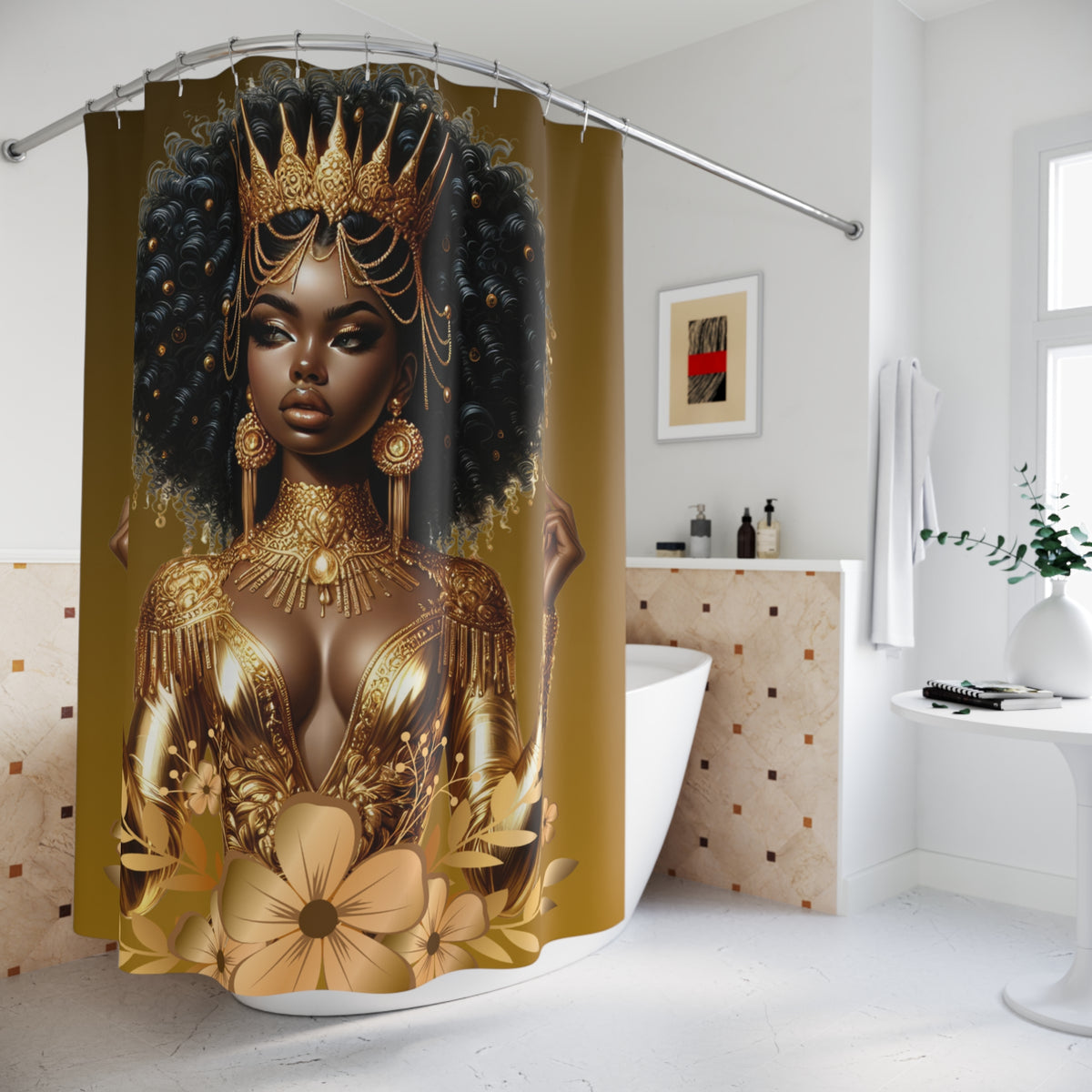 Golden Goddess Shower Curtain – Gold and Floral Design for Elegant Bathrooms