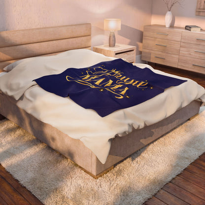 Bougie Mama Velveteen Plush Blanket (Blue) — Royal Gold Script Throw for Stylish Moms