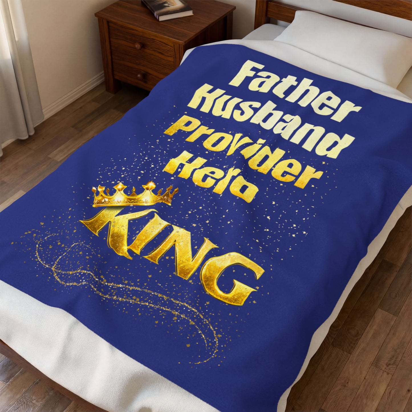 "Father Husband Provider Hero King" Gold Crown Tribute Velveteen Blanket (Blue)