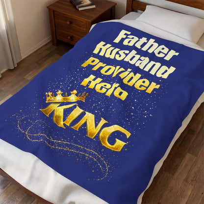"Father Husband Provider Hero King" Gold Crown Tribute Velveteen Blanket (Blue)