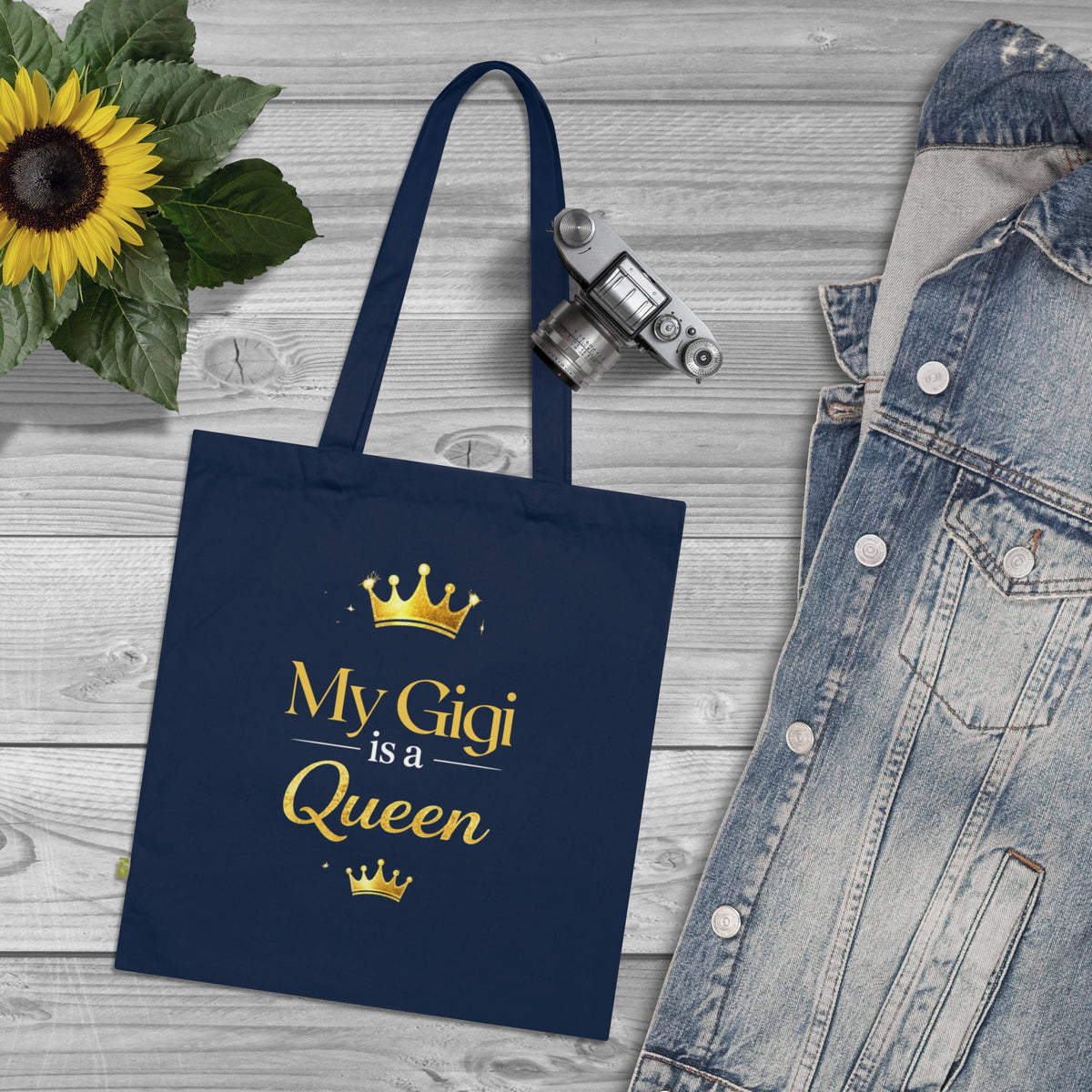 Tote Bag — "My Gigi is a Queen"(Navy) Gold Crown Organic Cotton Tote