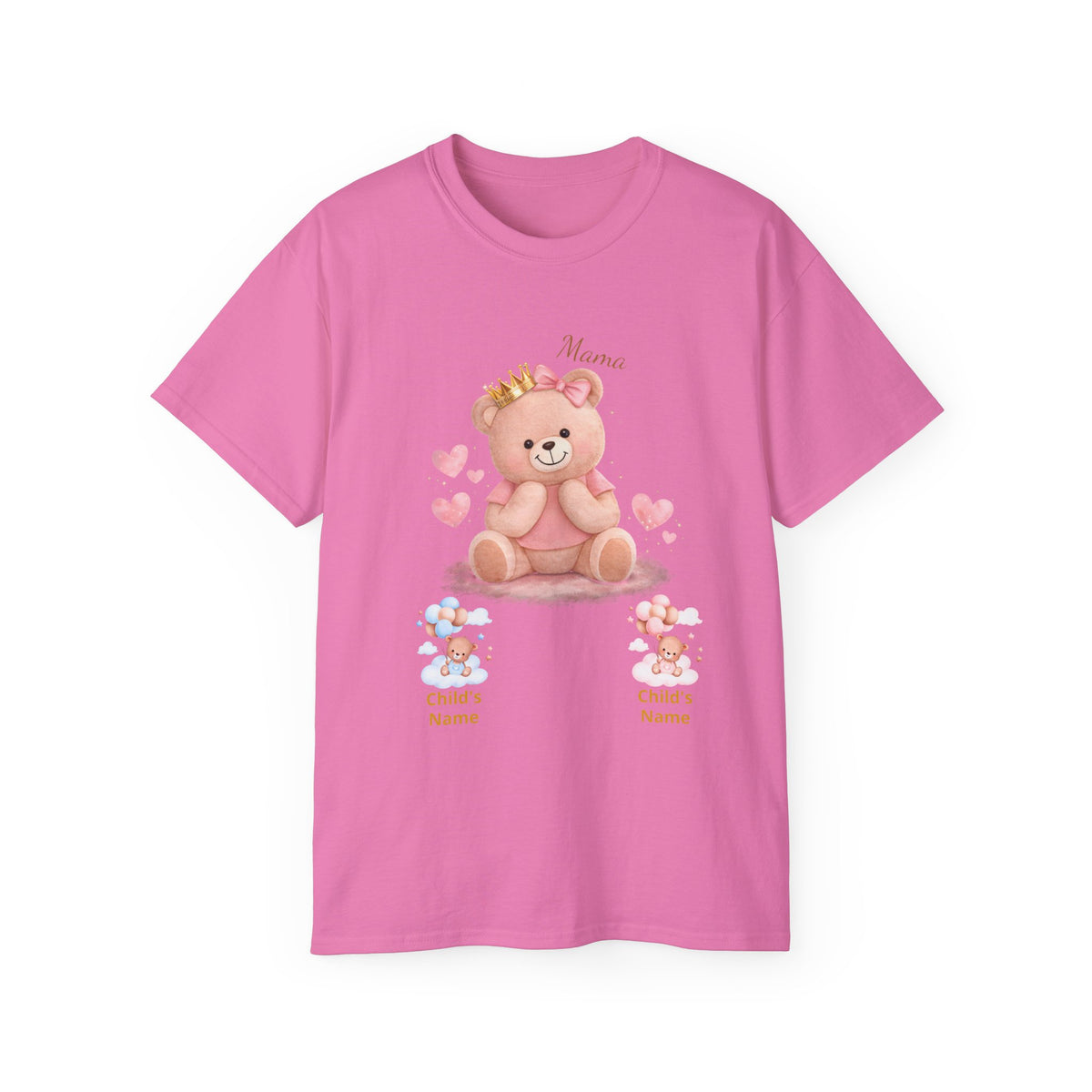 Personalized Mama Bear T-Shirt — Pink Heart Baby Bear with Custom Names