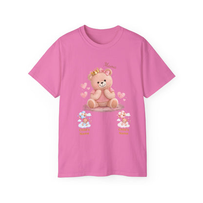 Personalized Mama Bear T-Shirt — Pink Heart Baby Bear with Custom Names