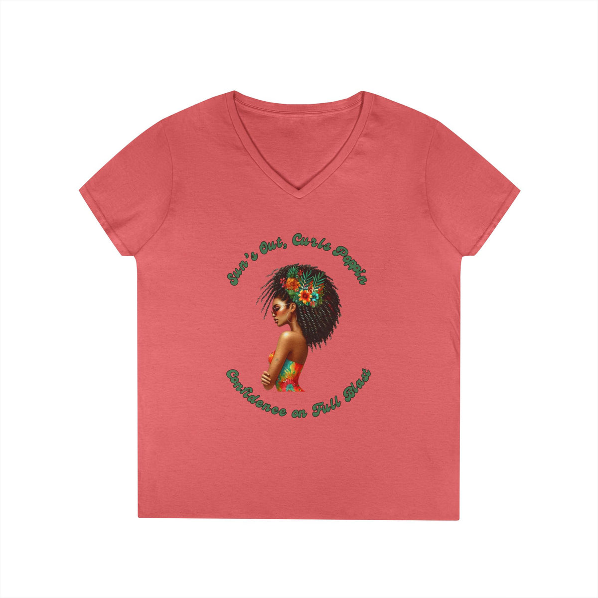 Curls Poppin-Ladies' V-Neck T-Shirt with Confident Design