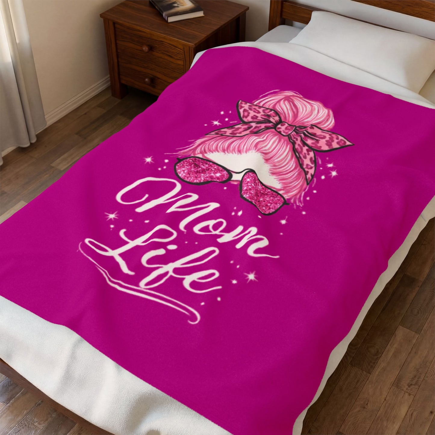 Mom Life Velveteen Plush Blanket — Pink Messy Bun Design