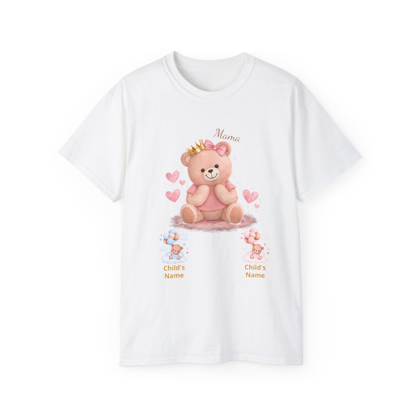 Personalized Mama Bear T-Shirt — Pink Heart Baby Bear with Custom Names