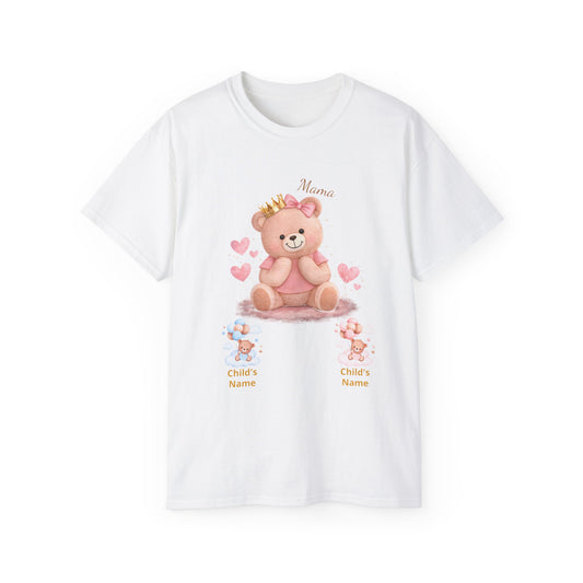 Personalized Mama Bear T-Shirt — Pink Heart Baby Bear with Custom Names