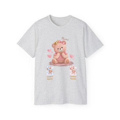 Personalized Mama Bear T-Shirt — Pink Heart Baby Bear with Custom Names