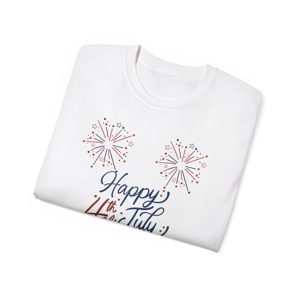 4th of July Fireworks Tee - "Happy 4th of July" Patriotic Cotton Shirt