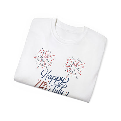 4th of July Fireworks Tee - "Happy 4th of July" Patriotic Cotton Shirt