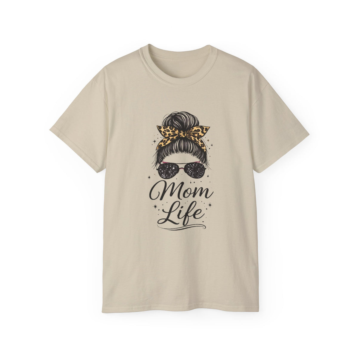 Mom Life Tee — Leopard Bandana Messy Bun Graphic Shirt for Moms