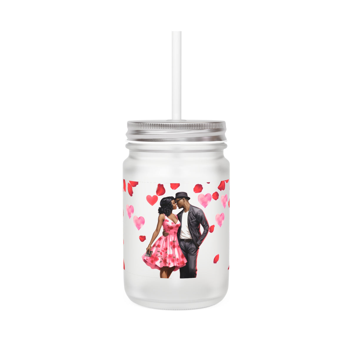 Romantic Heart-Print Mason Jar with Straw - Perfect for Couples and Special Occasions