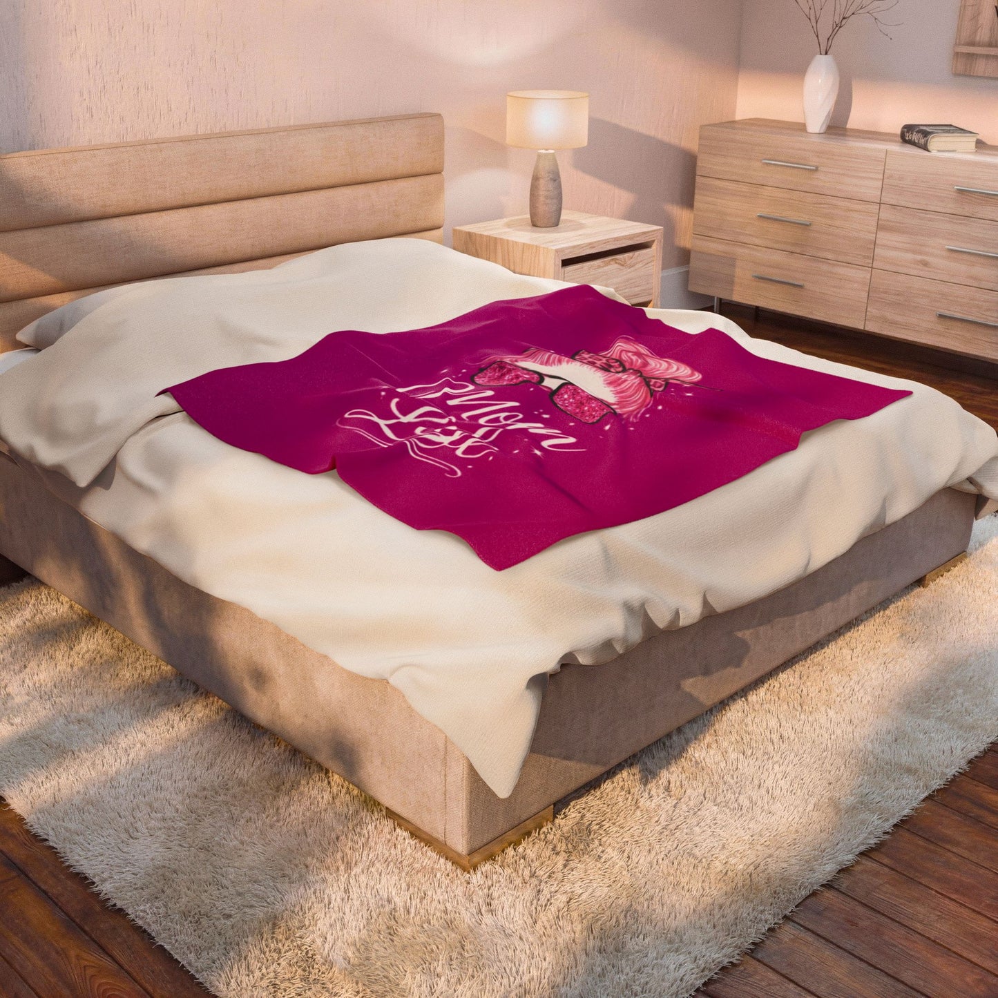 Mom Life Velveteen Plush Blanket — Pink Messy Bun Design