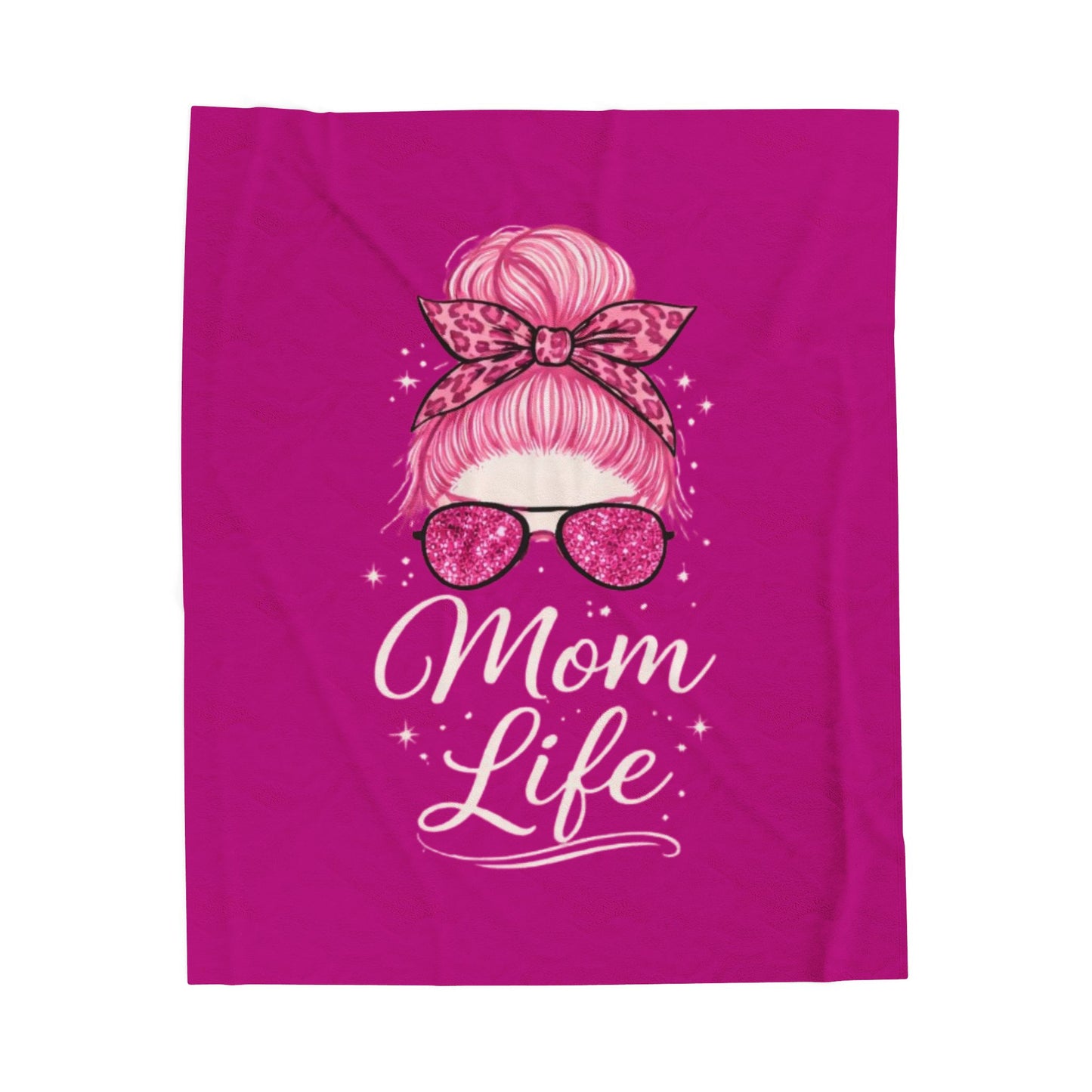 Mom Life Velveteen Plush Blanket — Pink Messy Bun Design