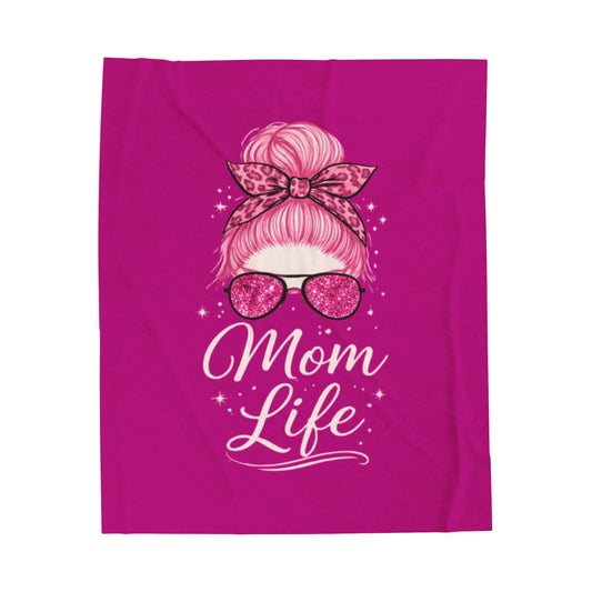 Mom Life Velveteen Plush Blanket — Pink Messy Bun Design