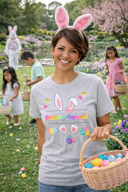 Bunny Squad T‑Shirt 1 — Cute Easter Bunny Tee with Pastel Eggs