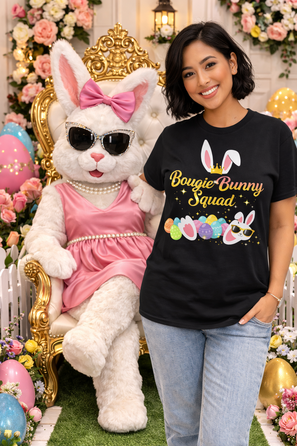 Bougie Bunny Squad T‑Shirt 3 — Cute Easter Bunny & Colorful Eggs Tee