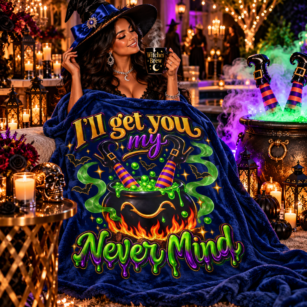 'I'll Get You My Never Mind' Witch Cauldron Halloween Blanket-Blue