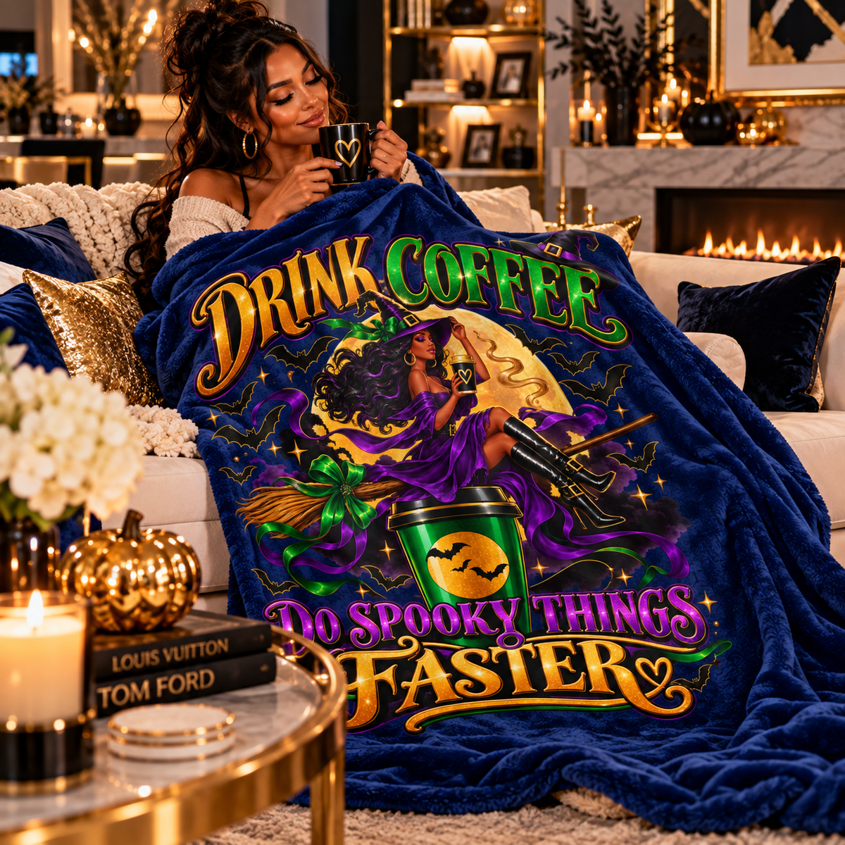 “Drink Coffee Do Spooky Things Faster” Velveteen Plush Blanket-Blue