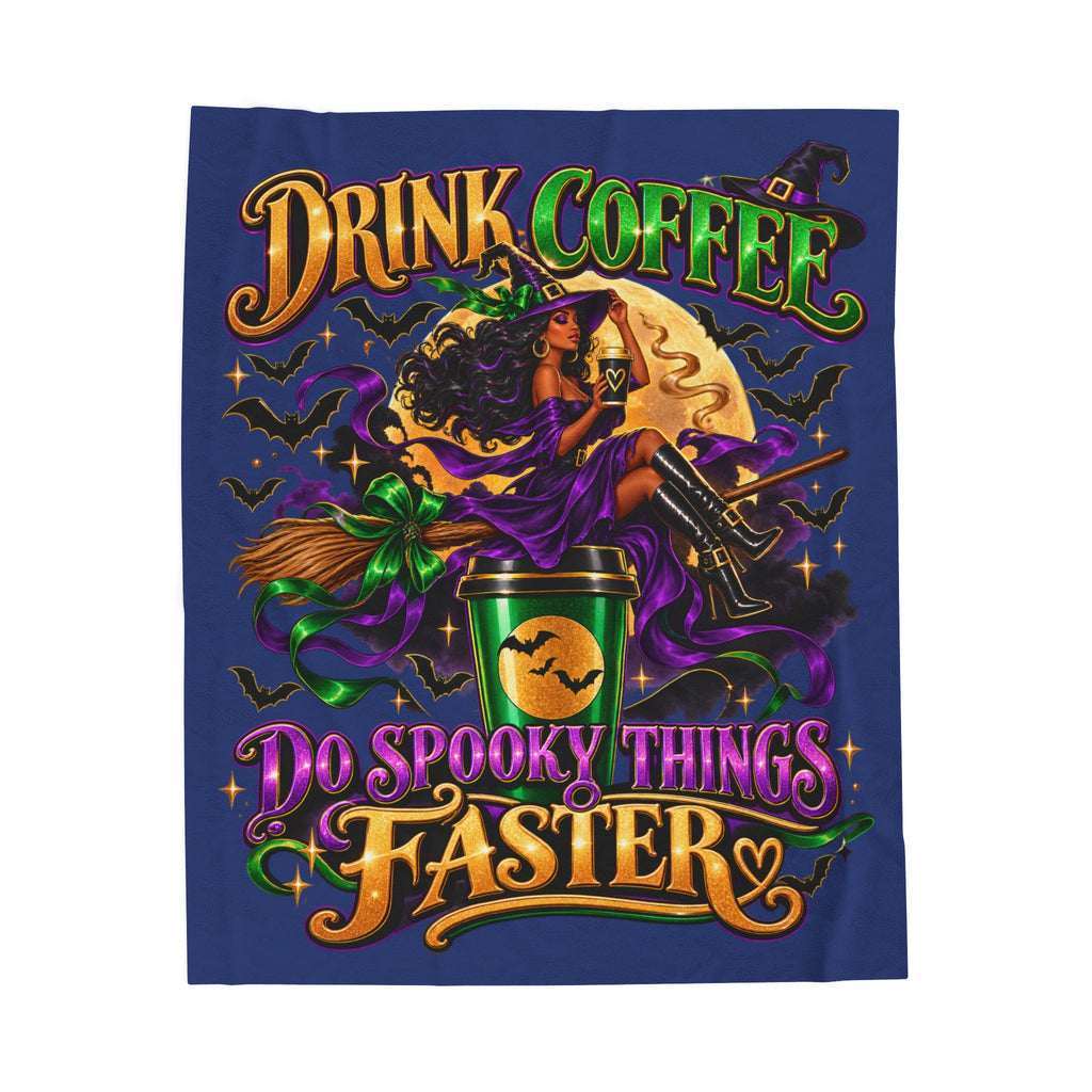 “Drink Coffee Do Spooky Things Faster” Velveteen Plush Blanket-Blue