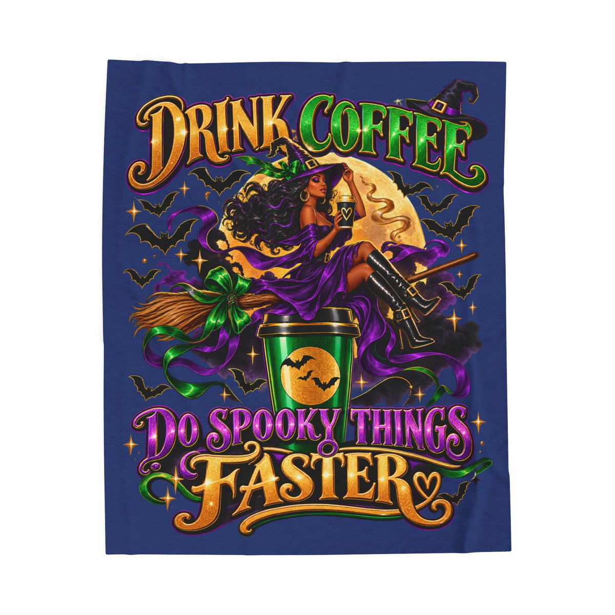 “Drink Coffee Do Spooky Things Faster” Velveteen Plush Blanket-Blue