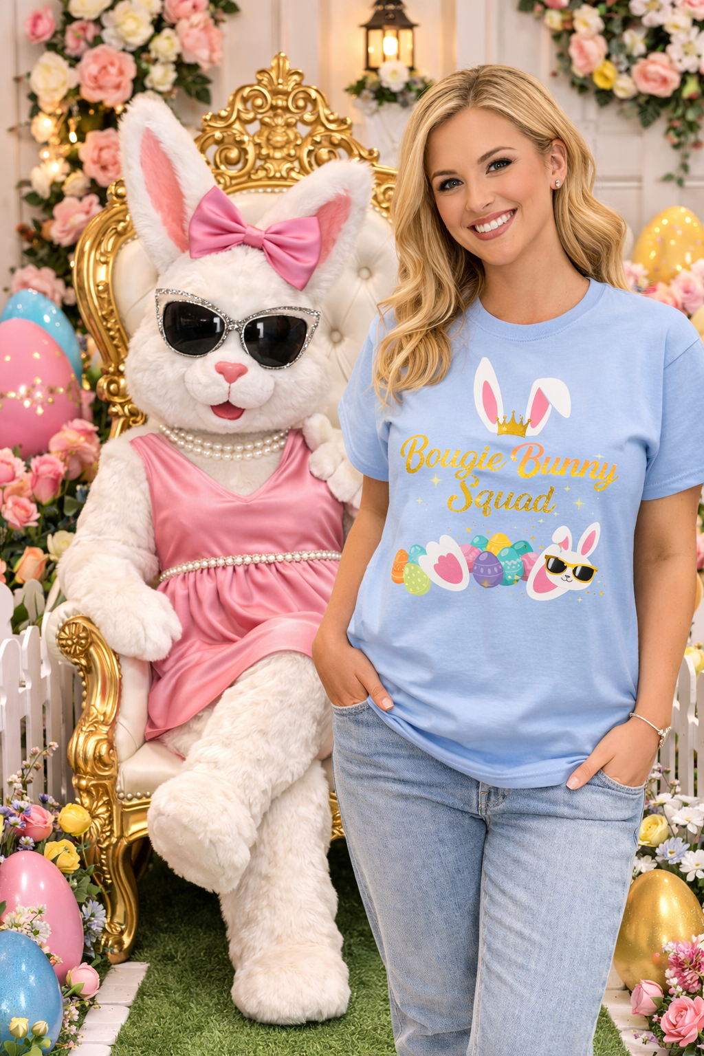 Bougie Bunny Squad T‑Shirt 3 — Cute Easter Bunny & Colorful Eggs Tee