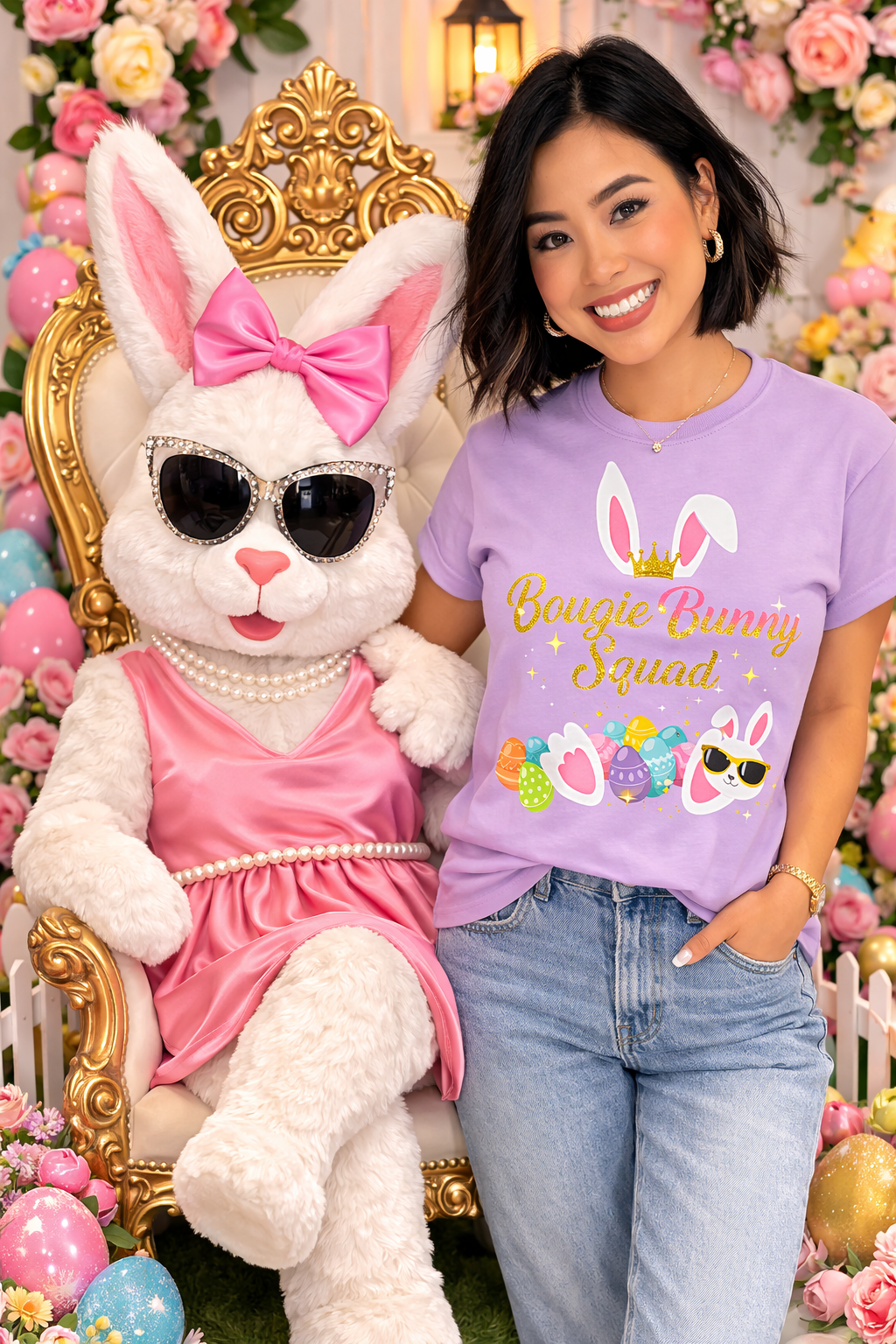 Bougie Bunny Squad T‑Shirt 3 — Cute Easter Bunny & Colorful Eggs Tee