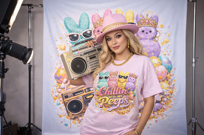 "Chillin' With My Peeps-2" Cute Easter Marshmallow Bunny Graphic Tee