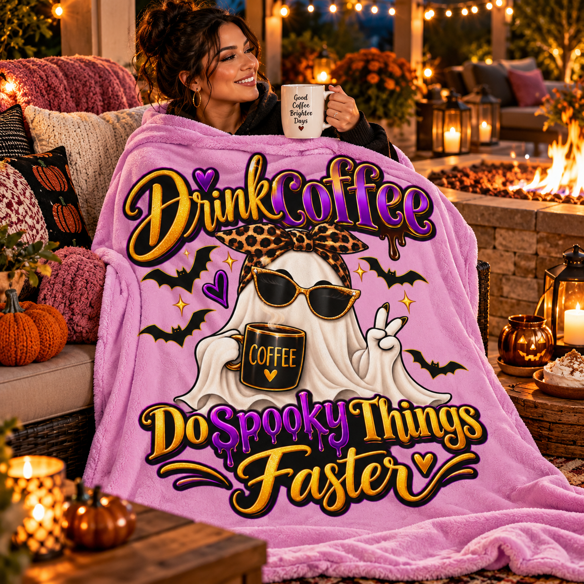 Drink Coffee, Do Spooky Things Faster-Velveteen blanket-Pink