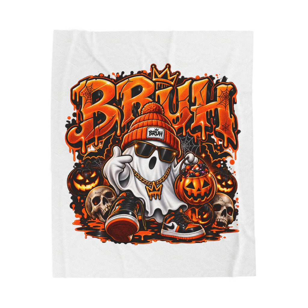 Halloween "BRUH" Ghost Velveteen Plush Blanket — White