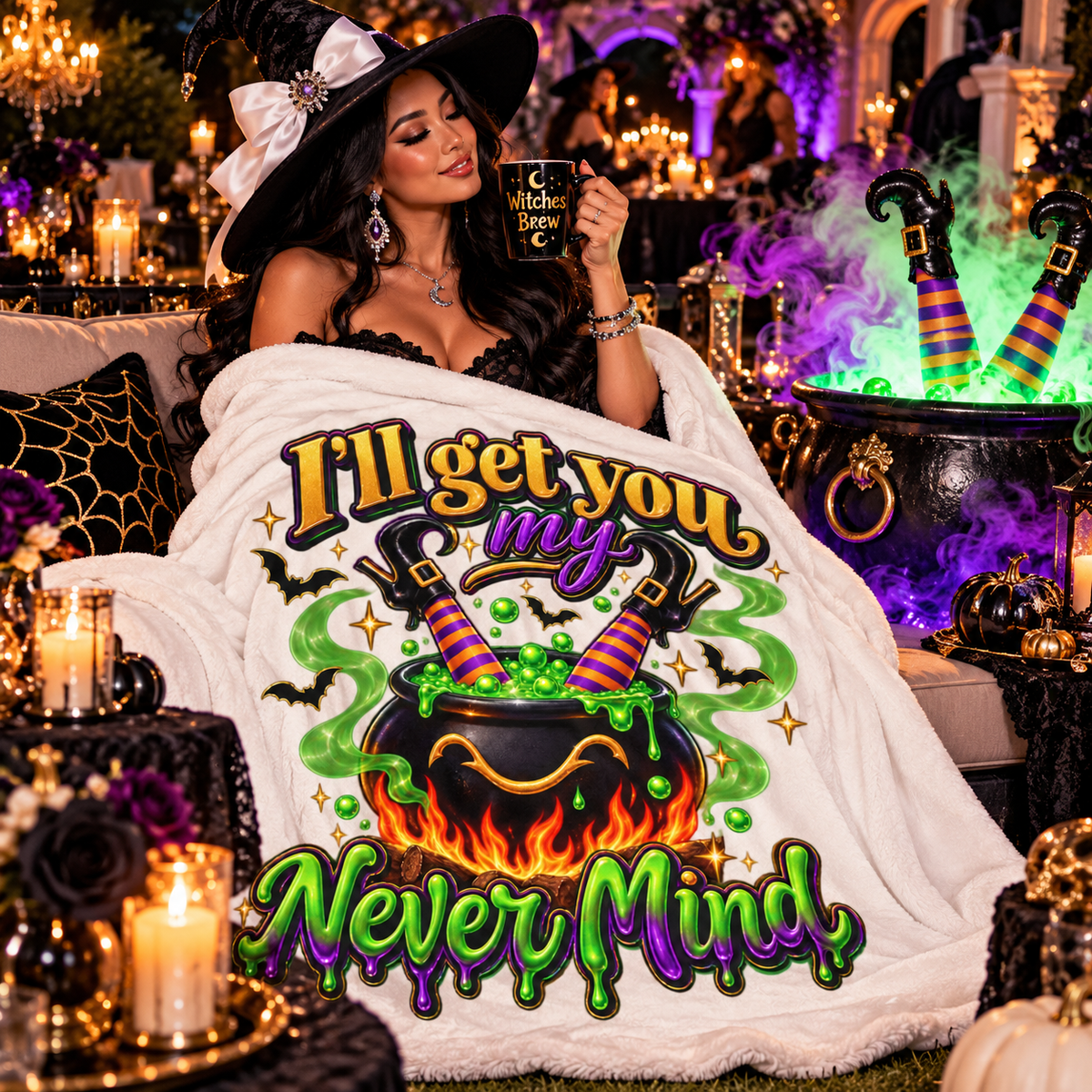 Halloween Witch Cauldron Velveteen Blanket — "I'll Get You My Never Mind" Cozy Blanket-White