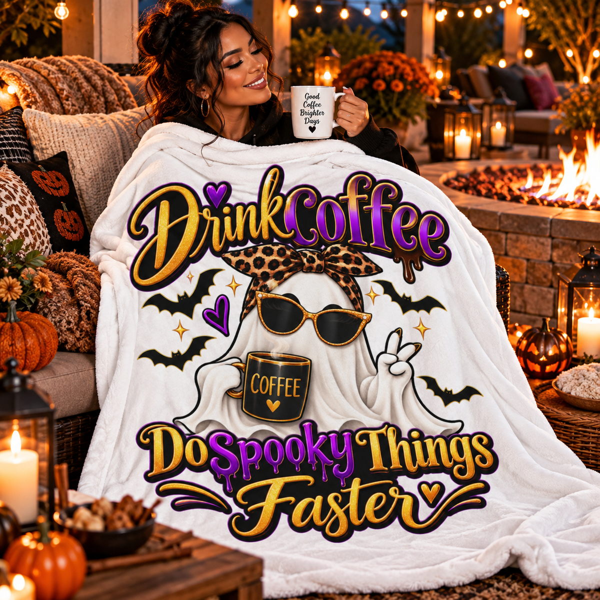 “Drink Coffee Do Spooky Things Faster” Halloween Ghost Cozy Throw-white