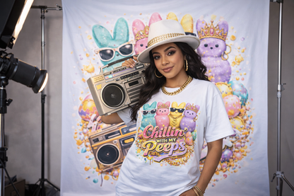 "Chillin' With My Peeps-2" Cute Easter Marshmallow Bunny Graphic Tee