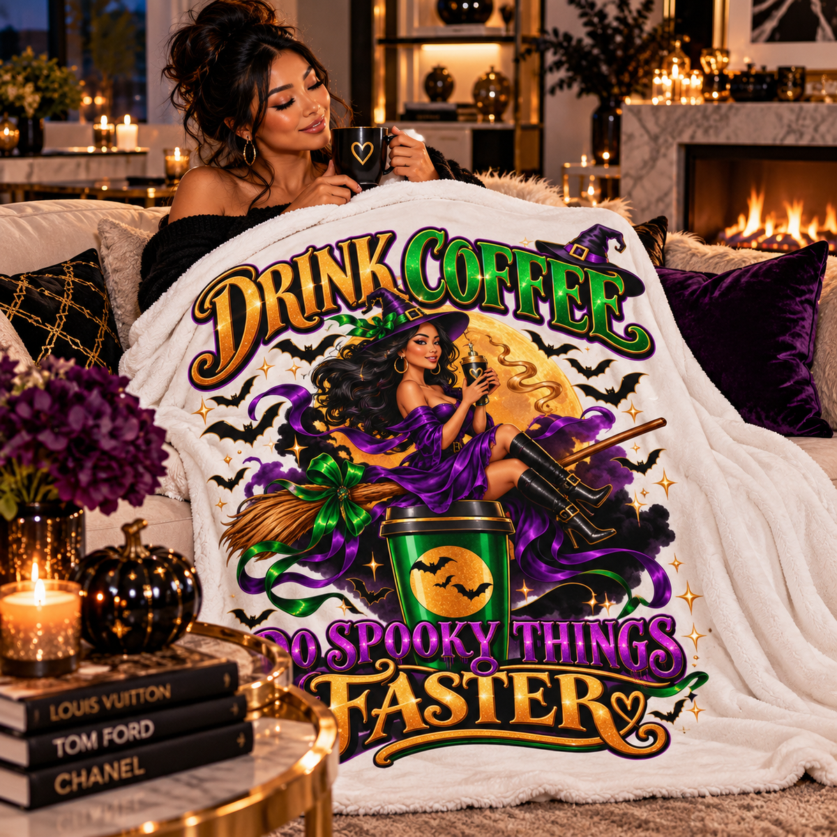"Drink Coffee Do Spooky Things Faster" Velveteen Blanket-White