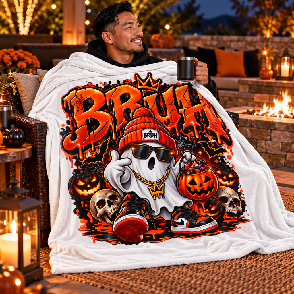 Halloween "BRUH" Ghost Velveteen Plush Blanket — White