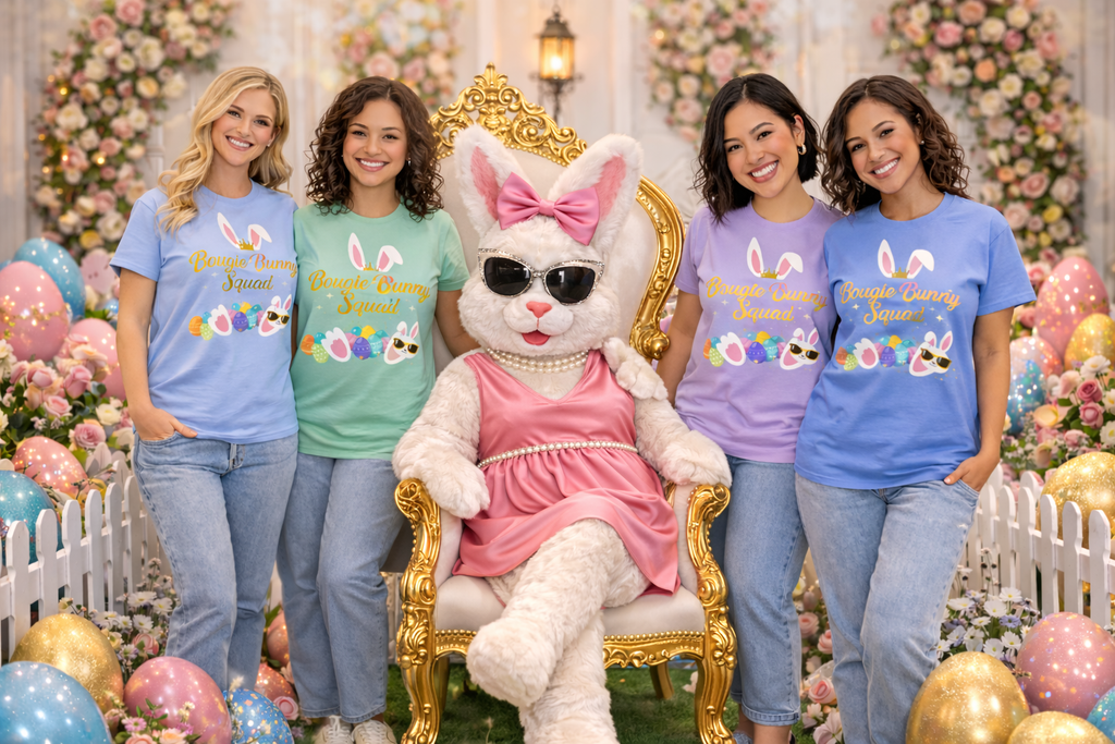 Bougie Bunny Squad T‑Shirt 3 — Cute Easter Bunny & Colorful Eggs Tee