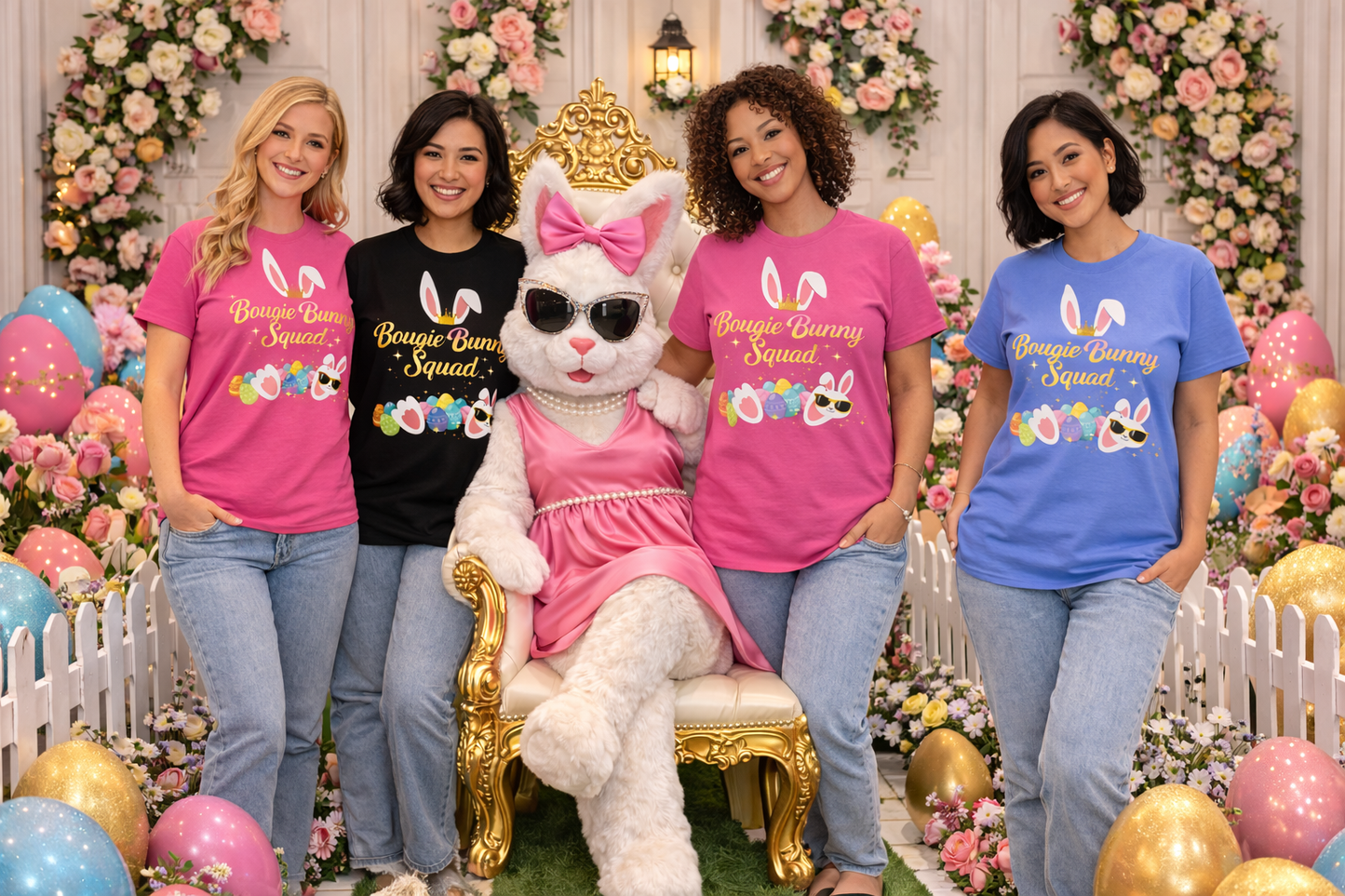 Bougie Bunny Squad T‑Shirt 3 — Cute Easter Bunny & Colorful Eggs Tee
